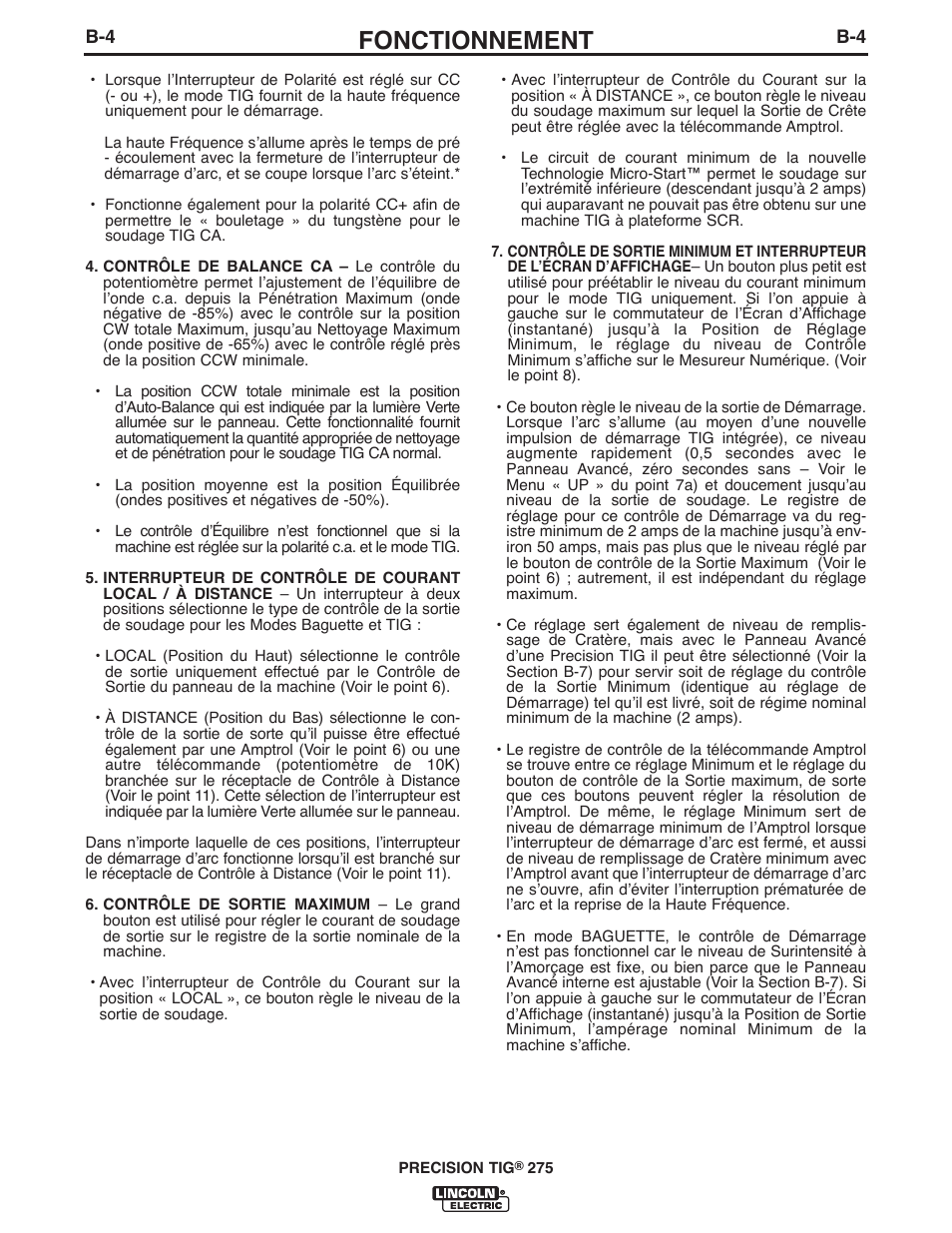 Fonctionnement | Lincoln Electric IM897 PRECISION TIG 275 User Manual | Page 19 / 48