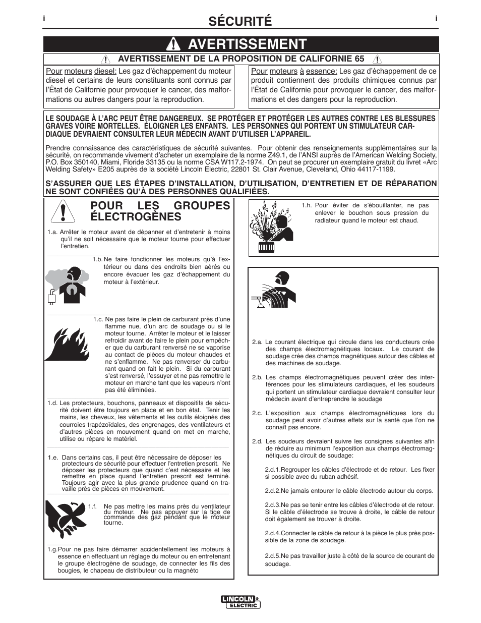 Avertissement, Sécurité, Pour les groupes électrogènes | Lincoln Electric IM897 PRECISION TIG 275 User Manual | Page 2 / 48