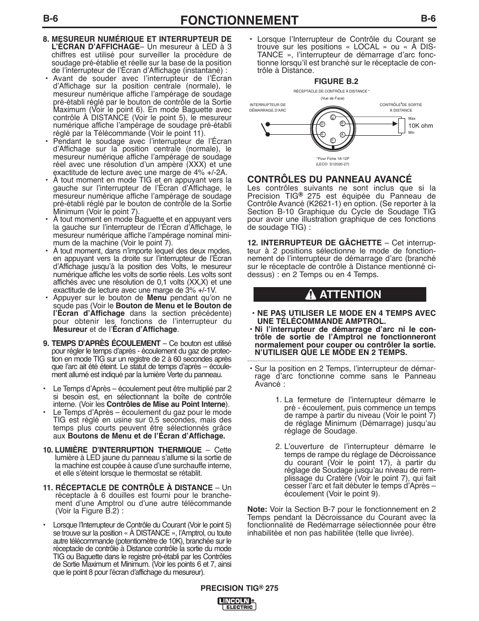 Fonctionnement, Attention, Contrôles du panneau avancé | Lincoln Electric IM897 PRECISION TIG 275 User Manual | Page 21 / 48