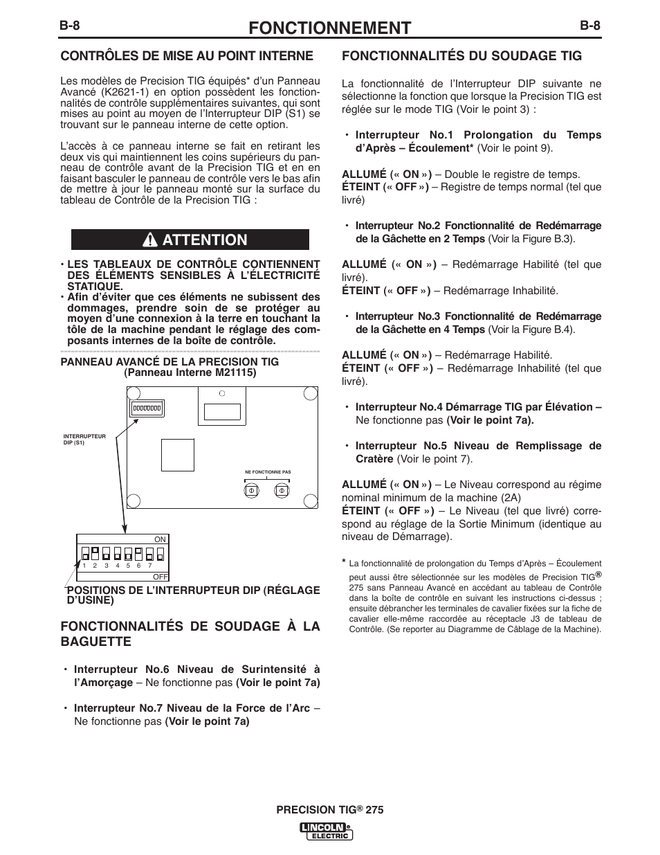 Fonctionnement, Attention, Contrôles de mise au point interne | Fonctionnalités de soudage à la baguette, Fonctionnalités du soudage tig | Lincoln Electric IM897 PRECISION TIG 275 User Manual | Page 23 / 48