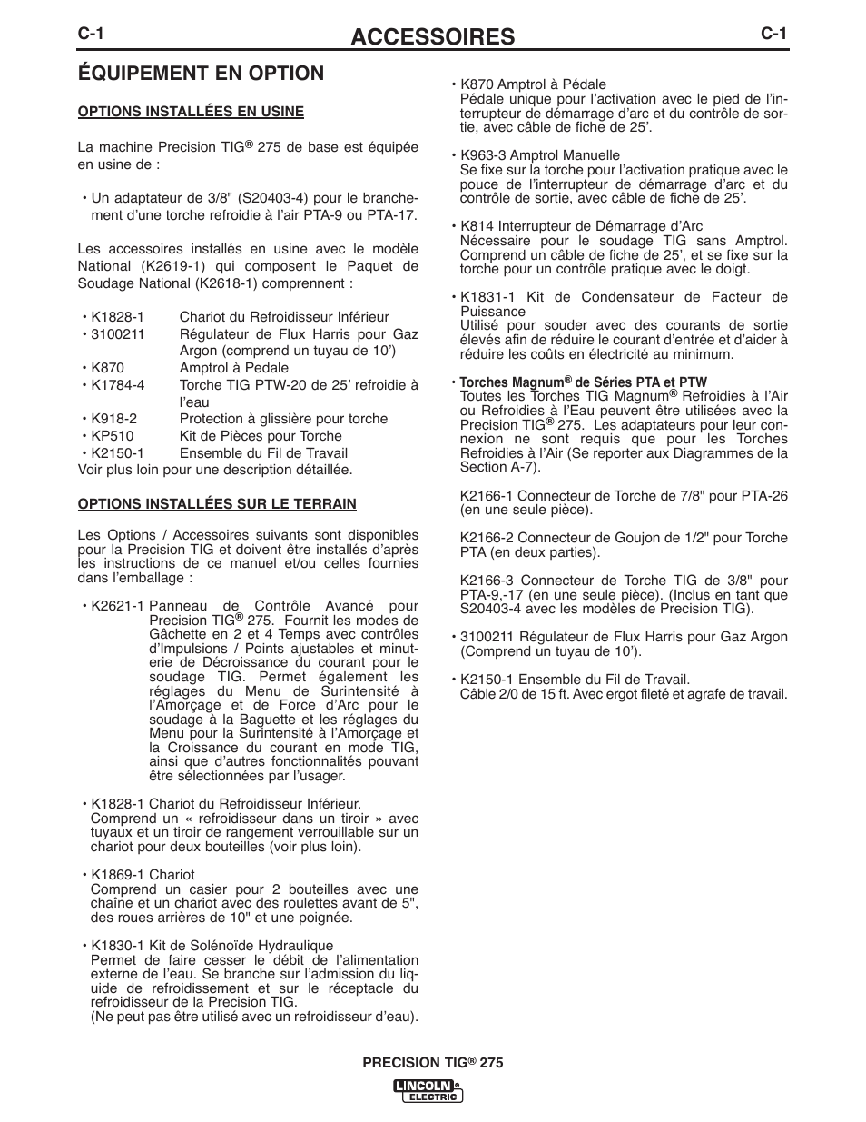 Accessoires, Équipement en option | Lincoln Electric IM897 PRECISION TIG 275 User Manual | Page 29 / 48