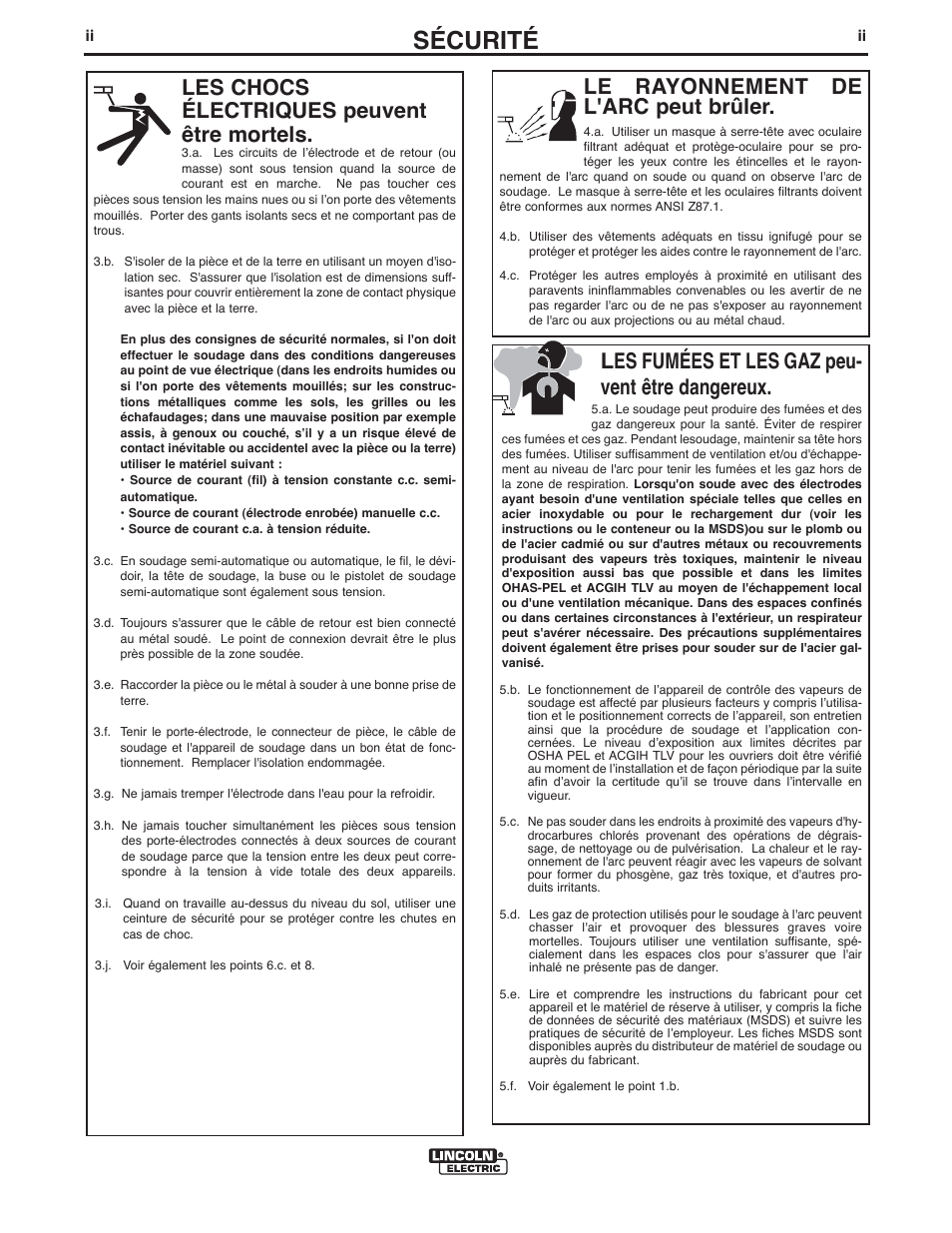 Sécurité, Le rayonnement de l'arc peut brûler, Les chocs électriques peuvent être mortels | Les fumées et les gaz peu- vent être dangereux | Lincoln Electric IM897 PRECISION TIG 275 User Manual | Page 3 / 48
