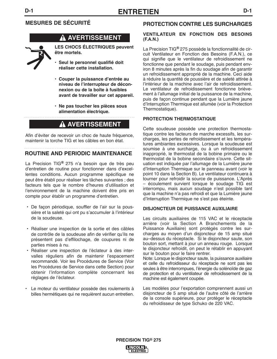 Entretien, Avertissement | Lincoln Electric IM897 PRECISION TIG 275 User Manual | Page 30 / 48