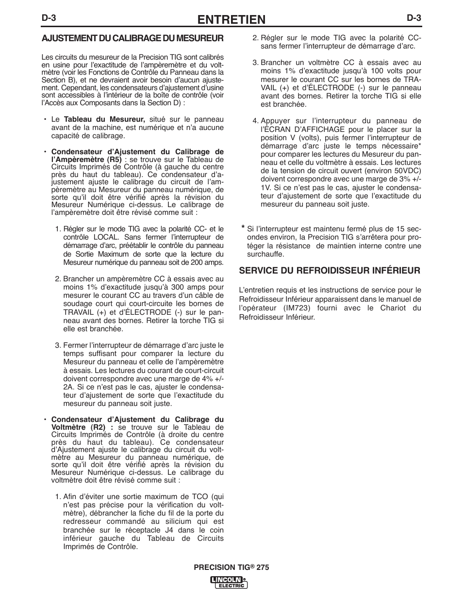 Entretien | Lincoln Electric IM897 PRECISION TIG 275 User Manual | Page 32 / 48