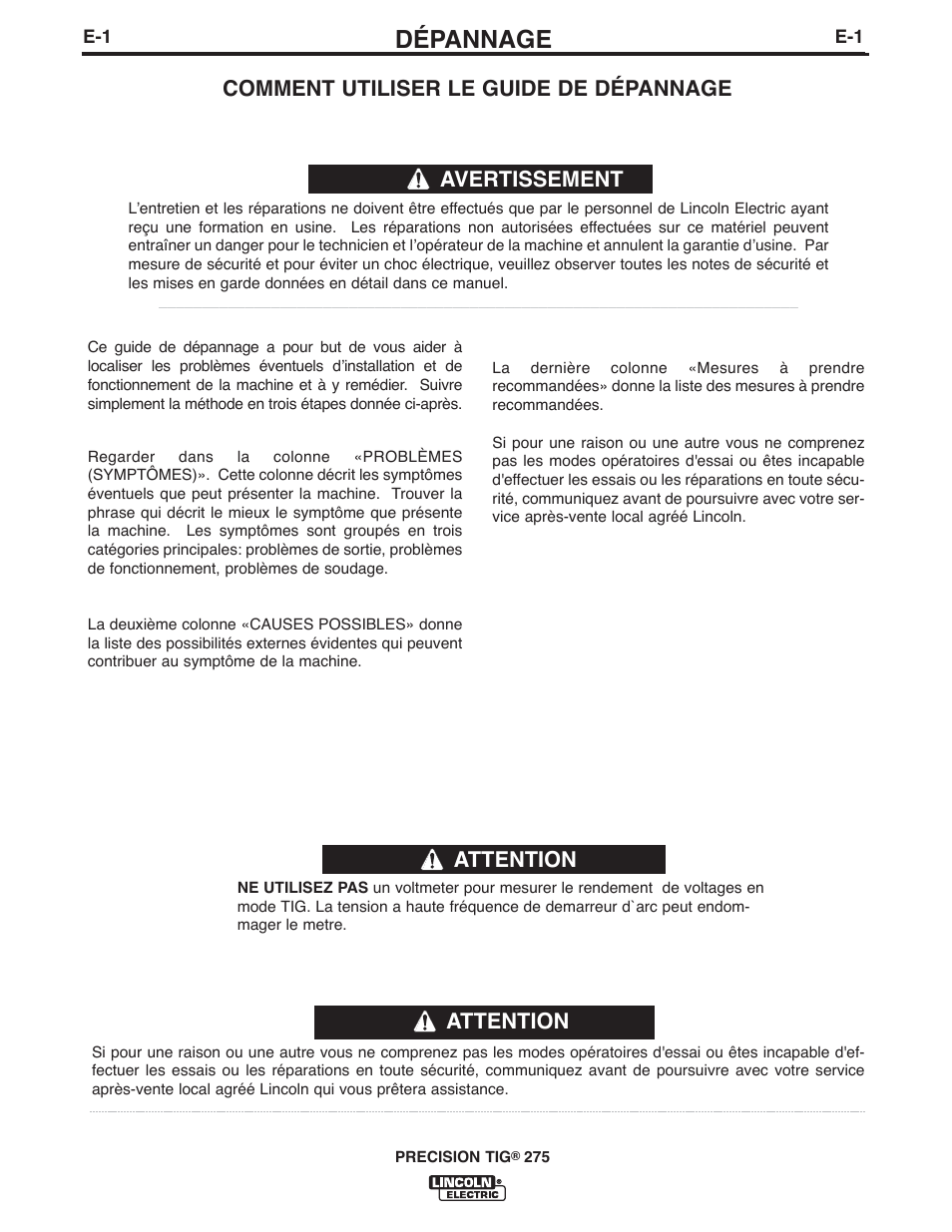 Dépannage, Attention, Comment utiliser le guide de dépannage | Avertissement | Lincoln Electric IM897 PRECISION TIG 275 User Manual | Page 33 / 48