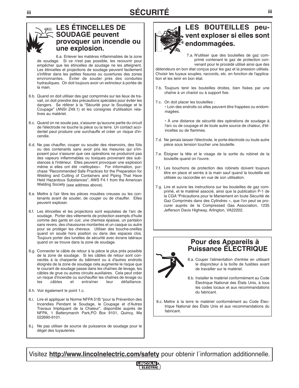 Sécurité, Pour des appareils à puissance électrique | Lincoln Electric IM897 PRECISION TIG 275 User Manual | Page 4 / 48