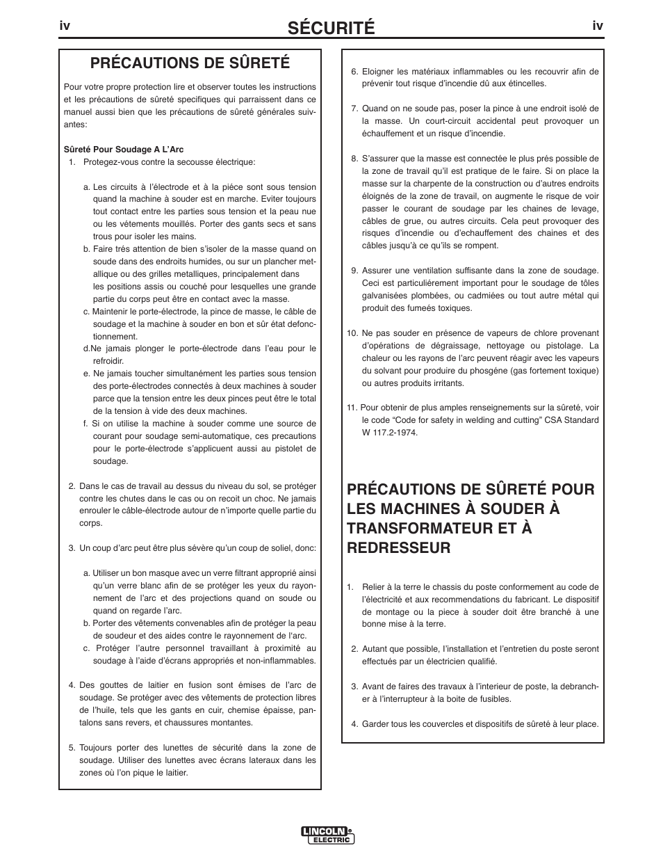 Sécurité, Précautions de sûreté | Lincoln Electric IM897 PRECISION TIG 275 User Manual | Page 5 / 48