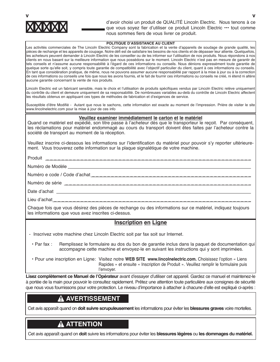 Avertissement, Attention | Lincoln Electric IM897 PRECISION TIG 275 User Manual | Page 6 / 48