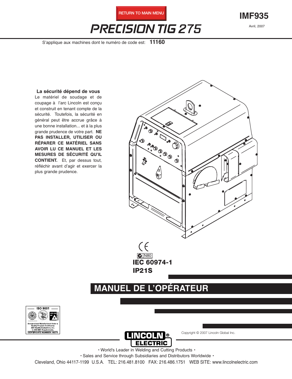 Lincoln Electric IM935 PRECISION TIG 275 User Manual | 46 pages