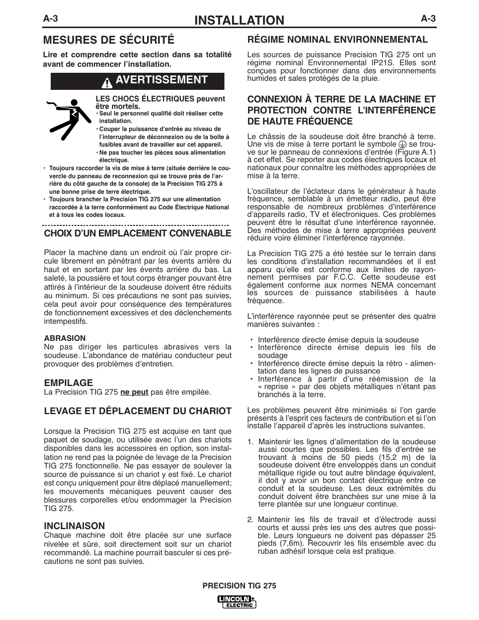 Installation, Mesures de sécurité, Avertissement | Lincoln Electric IM935 PRECISION TIG 275 User Manual | Page 10 / 46