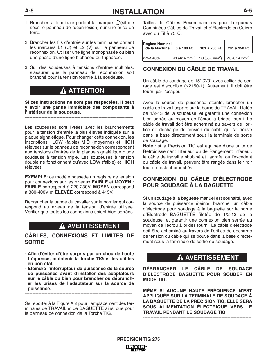 Installation, Avertissement, Avertissement attention | Lincoln Electric IM935 PRECISION TIG 275 User Manual | Page 12 / 46