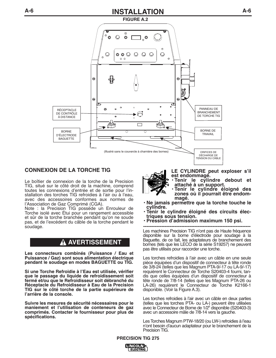 Installation, Avertissement, A-6 connexion de la torche tig | Lincoln Electric IM935 PRECISION TIG 275 User Manual | Page 13 / 46