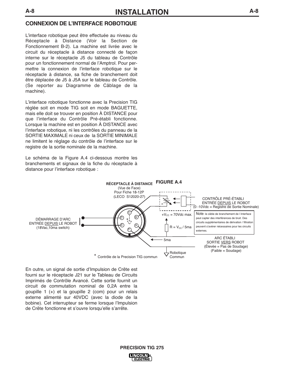 Installation, A-8 connexion de lʼinterface robotique | Lincoln Electric IM935 PRECISION TIG 275 User Manual | Page 15 / 46