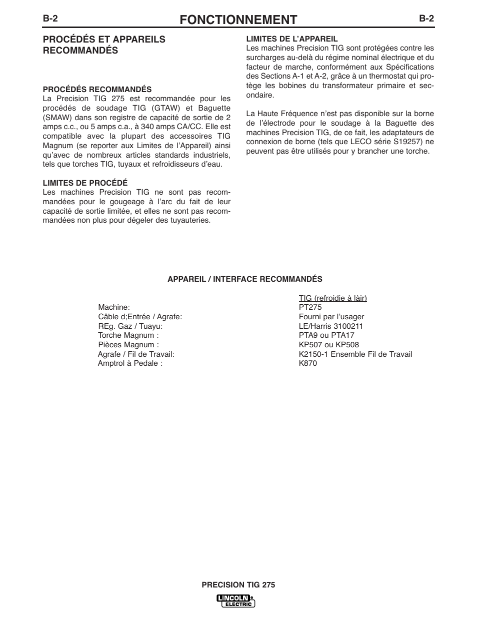 Fonctionnement | Lincoln Electric IM935 PRECISION TIG 275 User Manual | Page 17 / 46