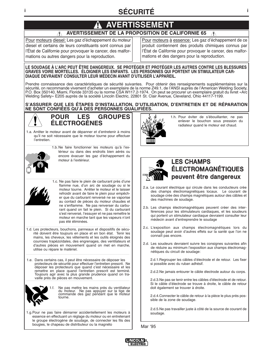 Avertissement, Sécurité, Pour les groupes électrogènes | Lincoln Electric IM935 PRECISION TIG 275 User Manual | Page 2 / 46