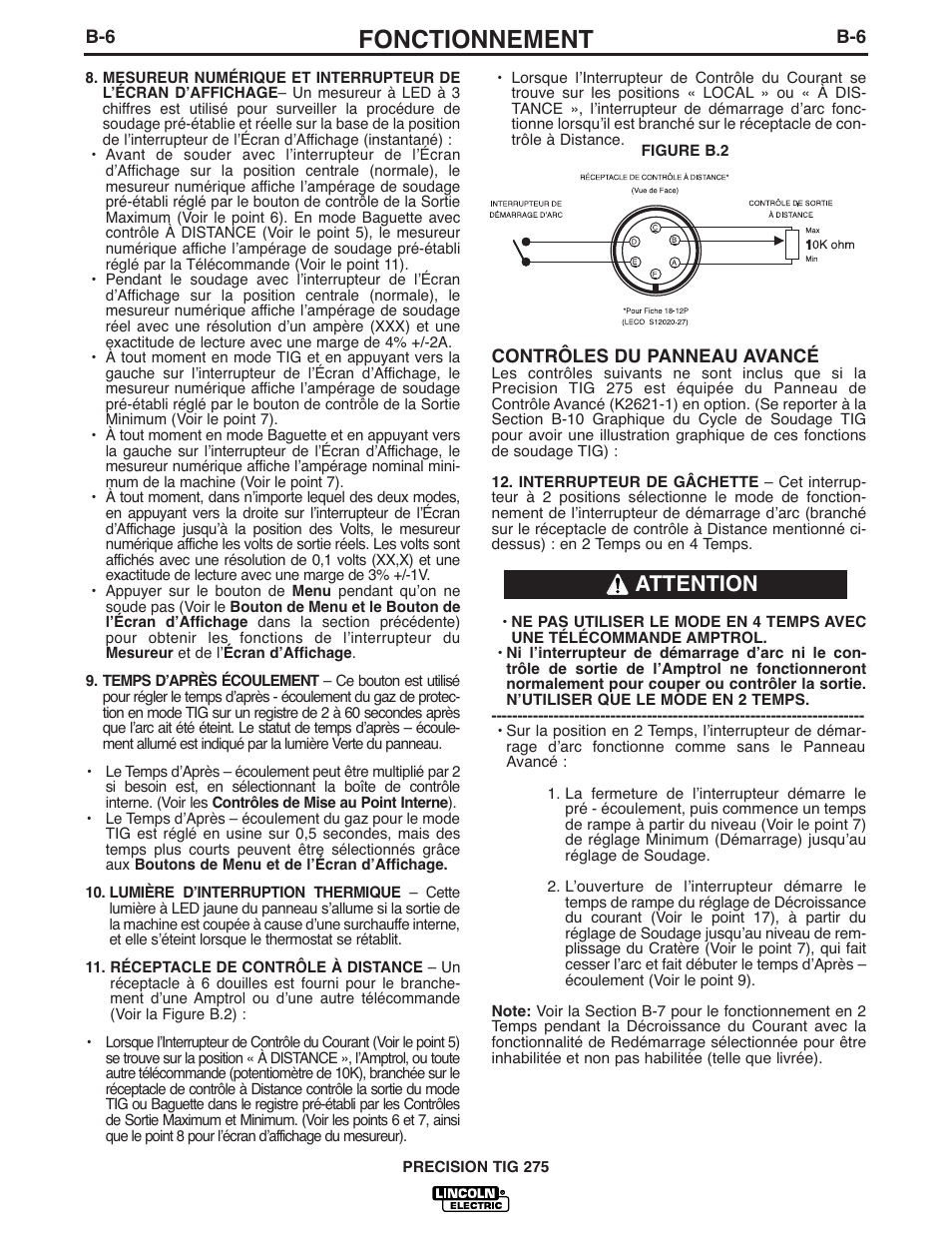 Fonctionnement, Attention | Lincoln Electric IM935 PRECISION TIG 275 User Manual | Page 21 / 46