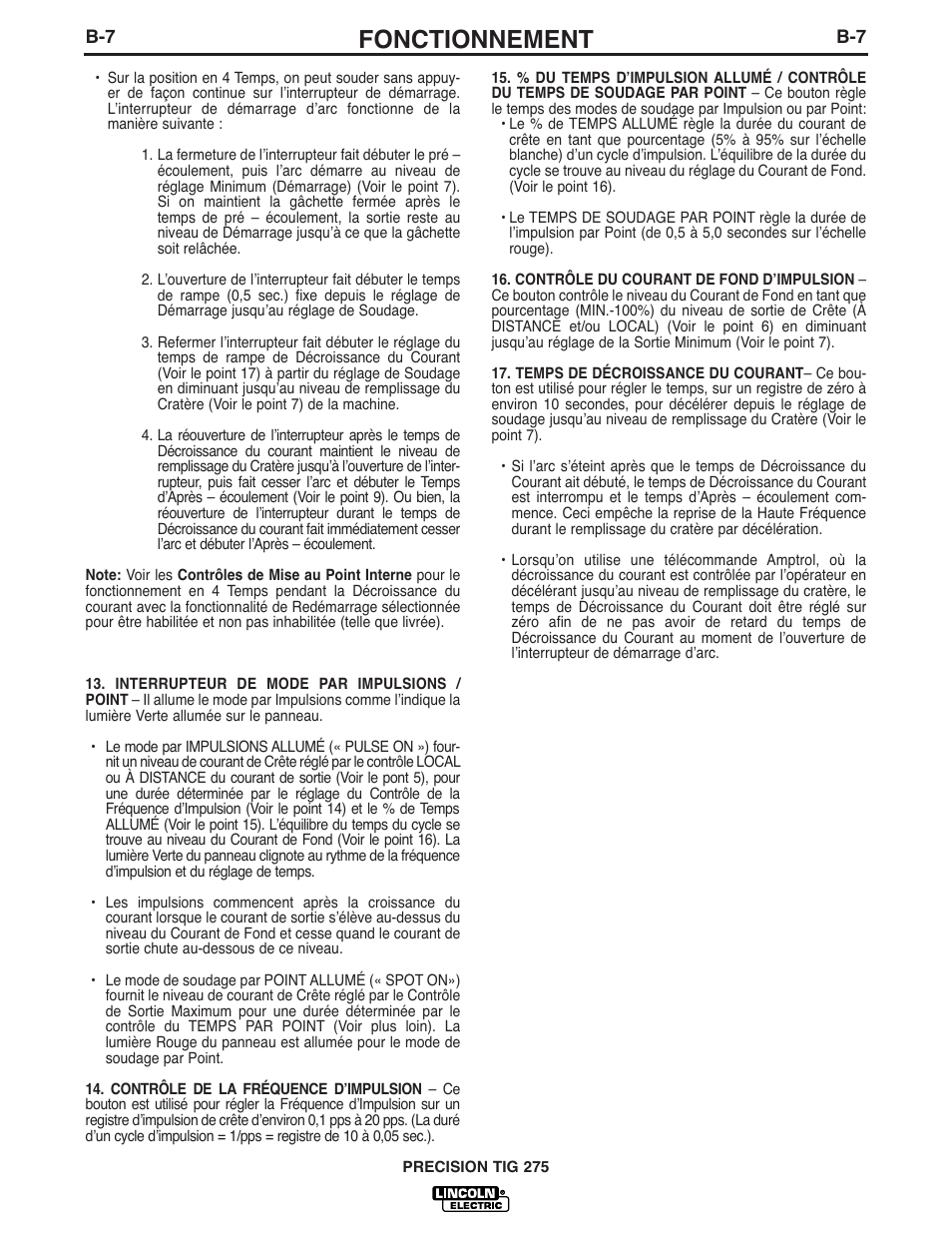 Fonctionnement | Lincoln Electric IM935 PRECISION TIG 275 User Manual | Page 22 / 46