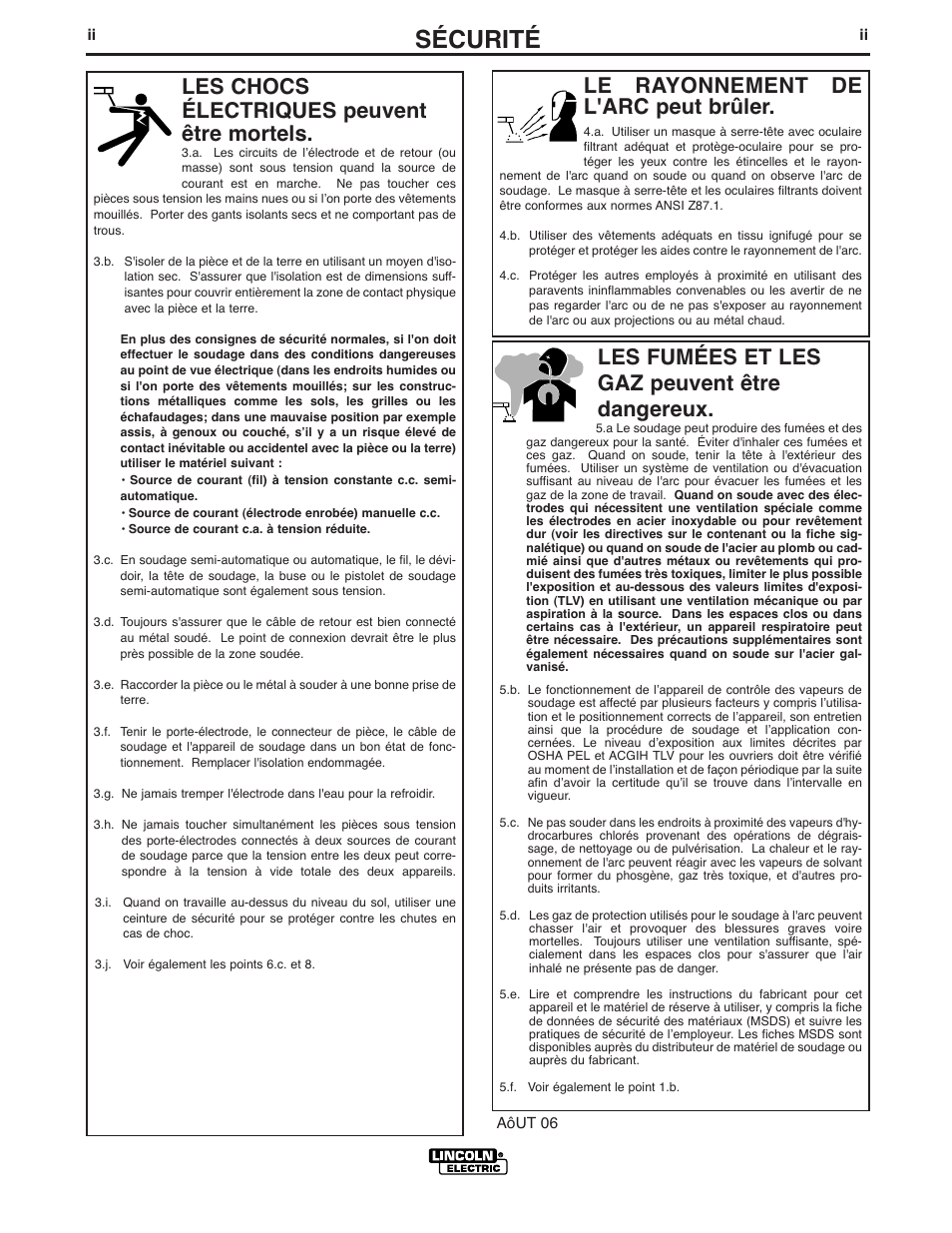 Sécurité, Le rayonnement de l'arc peut brûler, Les chocs électriques peuvent être mortels | Les fumées et les gaz peuvent être dangereux | Lincoln Electric IM935 PRECISION TIG 275 User Manual | Page 3 / 46