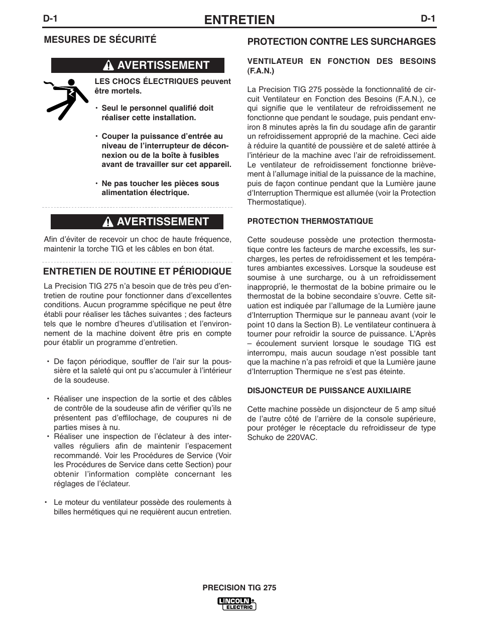 Entretien, Avertissement | Lincoln Electric IM935 PRECISION TIG 275 User Manual | Page 30 / 46