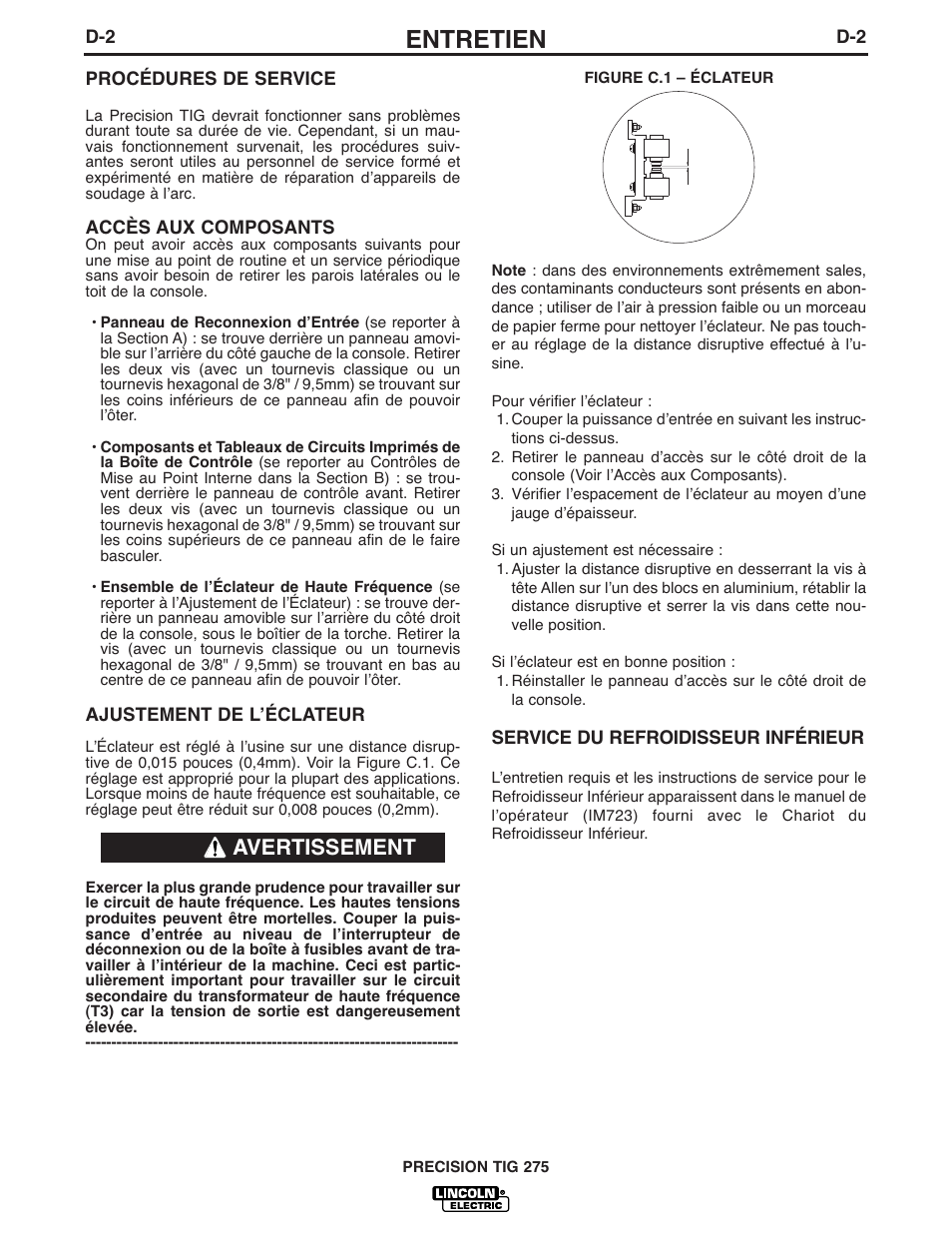 Entretien, Avertissement | Lincoln Electric IM935 PRECISION TIG 275 User Manual | Page 31 / 46