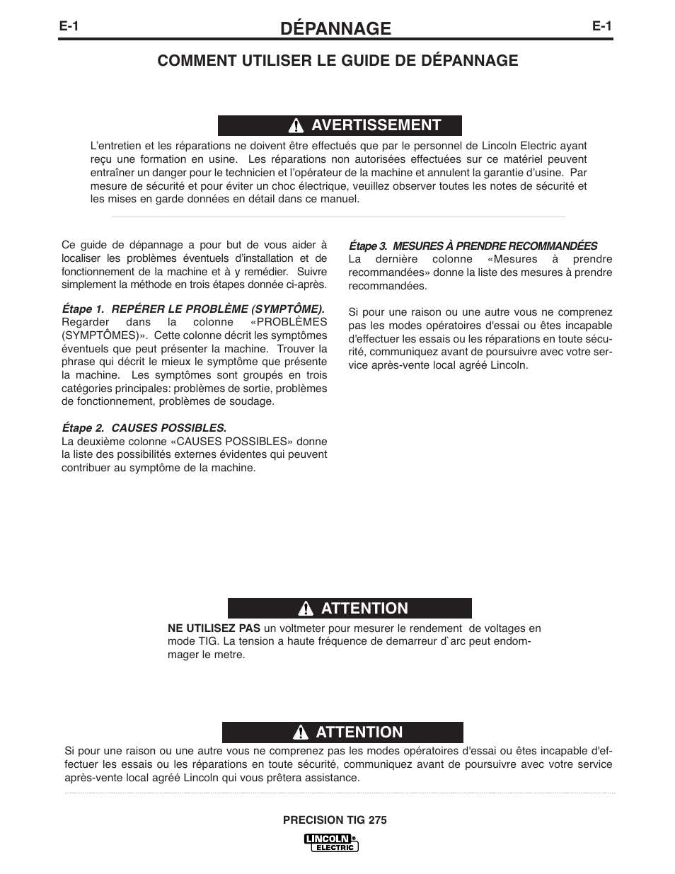 Dépannage, Attention, Comment utiliser le guide de dépannage | Avertissement | Lincoln Electric IM935 PRECISION TIG 275 User Manual | Page 33 / 46