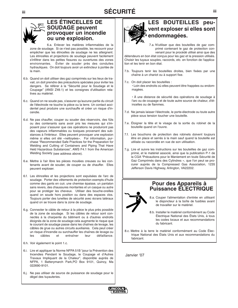 Sécurité, Pour des appareils à puissance électrique | Lincoln Electric IM935 PRECISION TIG 275 User Manual | Page 4 / 46