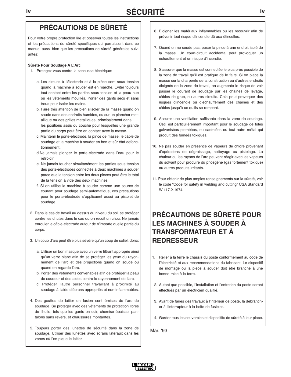 Sécurité, Précautions de sûreté | Lincoln Electric IM935 PRECISION TIG 275 User Manual | Page 5 / 46