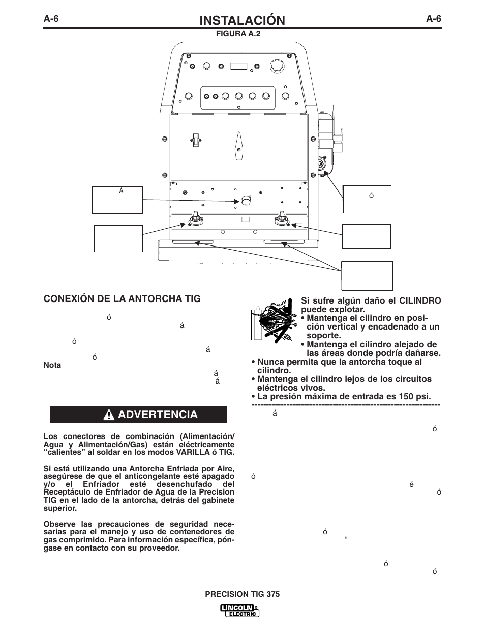 Instalación, Advertencia, A-6 conexión de la antorcha tig | Lincoln Electric IM703 PRECISION TIG 375 User Manual | Page 13 / 45