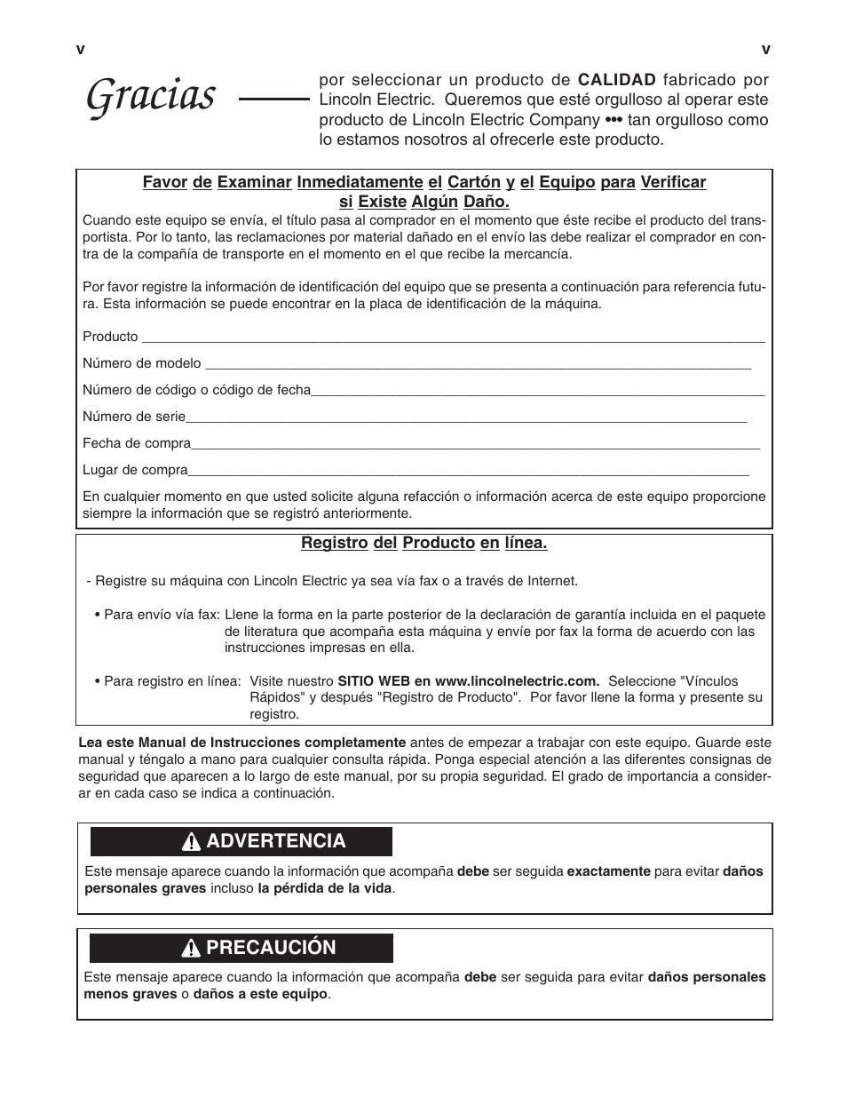 Gracias | Lincoln Electric IM703 PRECISION TIG 375 User Manual | Page 6 / 45