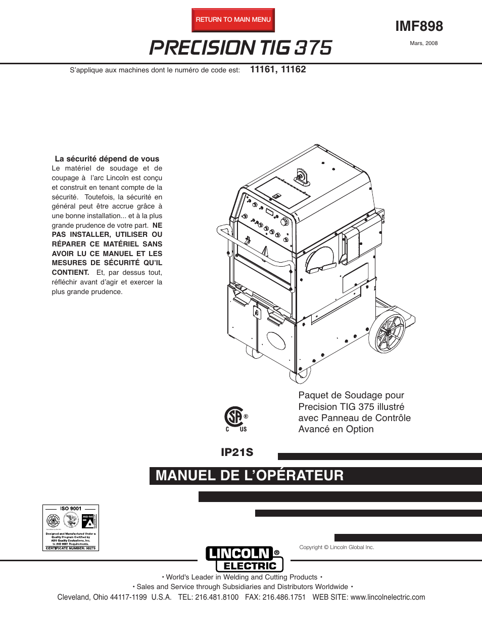 Lincoln Electric IM898 PRECISION TIG 375 User Manual | 45 pages