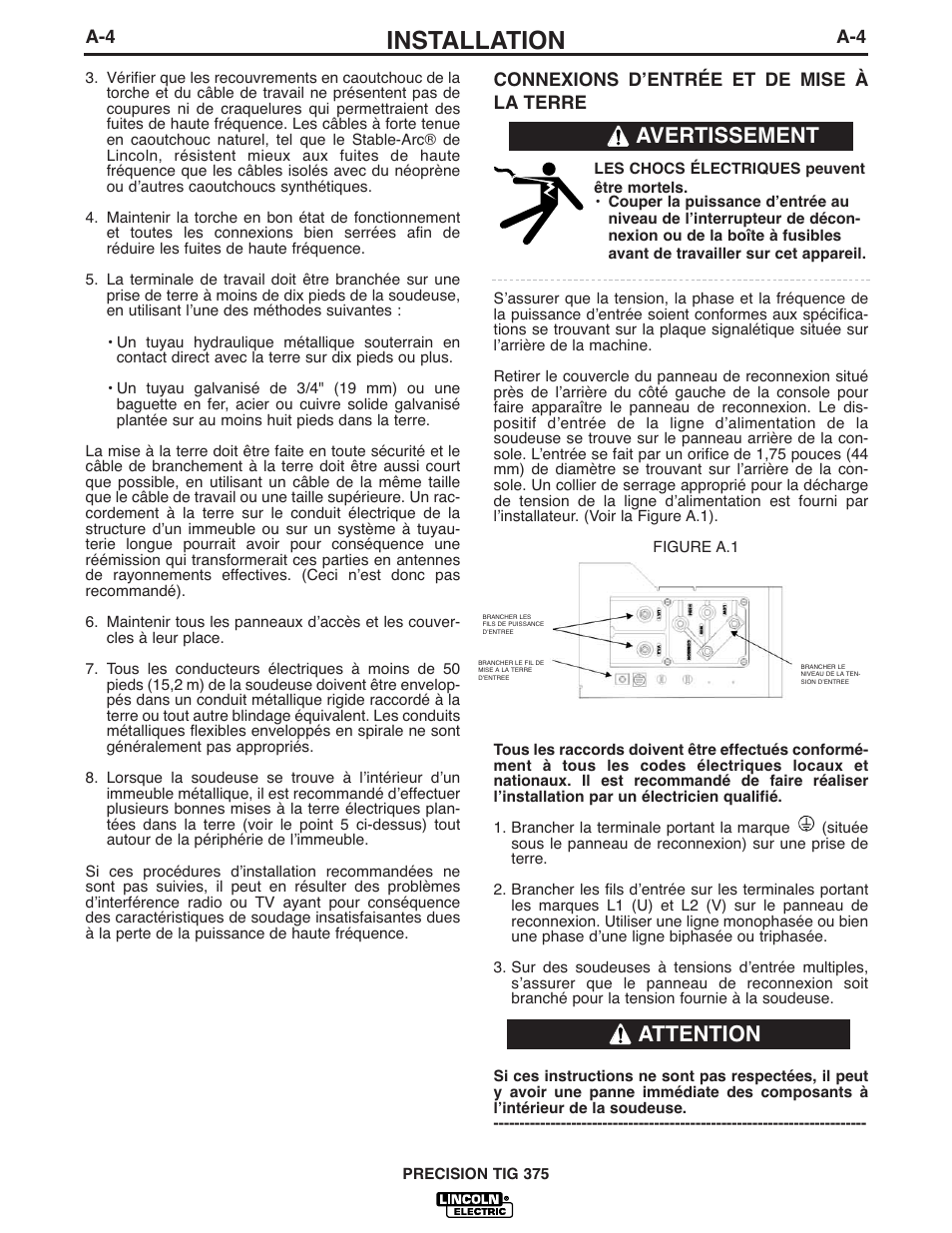 Installation, Avertissement, Attention | Lincoln Electric IM898 PRECISION TIG 375 User Manual | Page 11 / 45