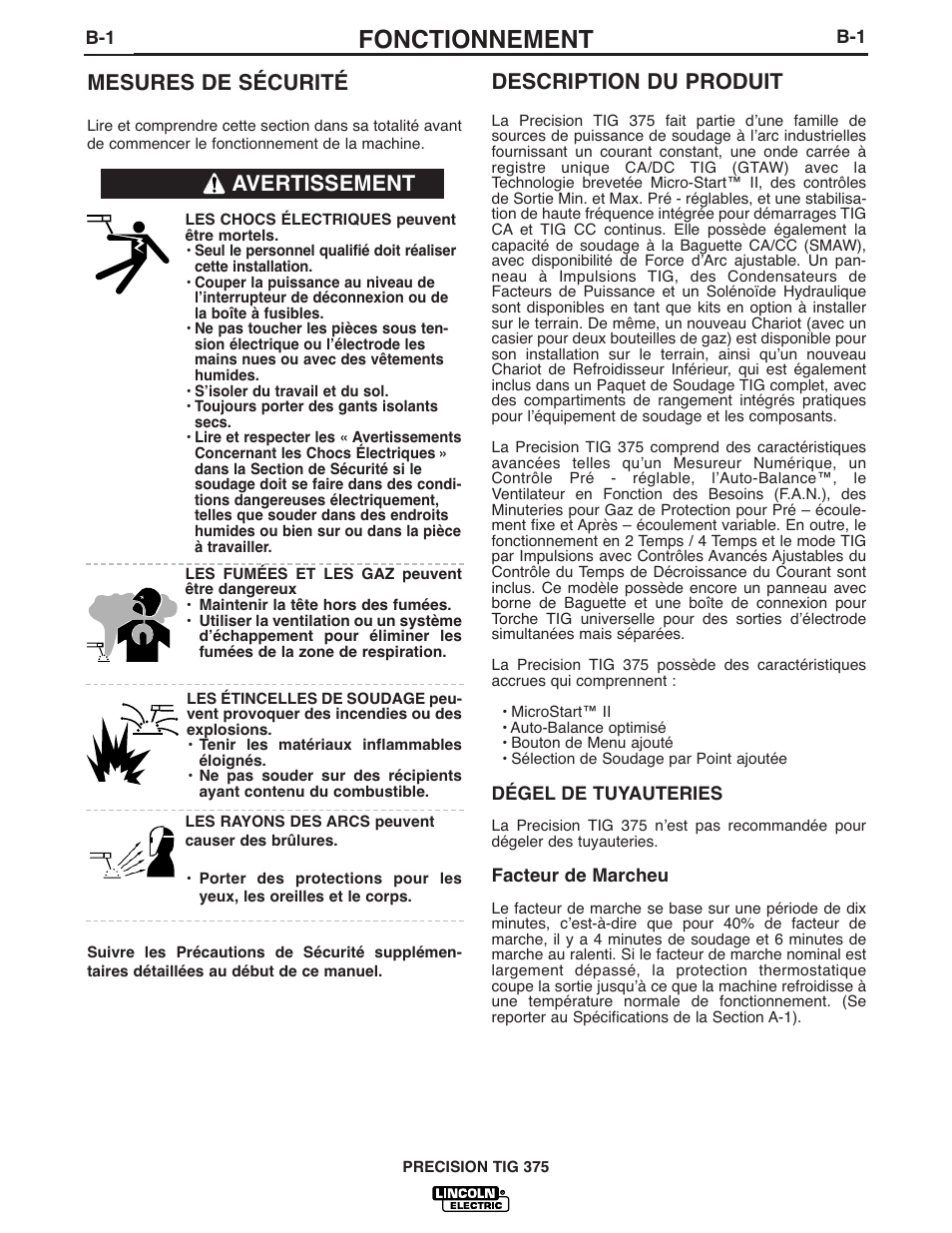 Fonctionnement, Description du produit, Mesures de sécurité | Avertissement | Lincoln Electric IM898 PRECISION TIG 375 User Manual | Page 16 / 45