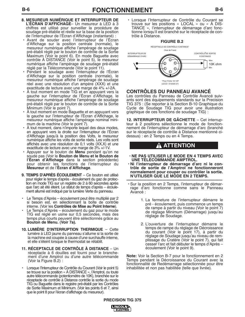 Fonctionnement, Attention, Contrôles du panneau avancé | Lincoln Electric IM898 PRECISION TIG 375 User Manual | Page 21 / 45