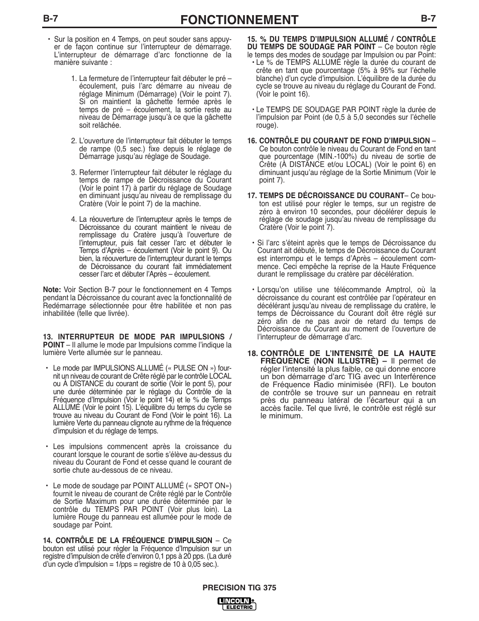 Fonctionnement | Lincoln Electric IM898 PRECISION TIG 375 User Manual | Page 22 / 45