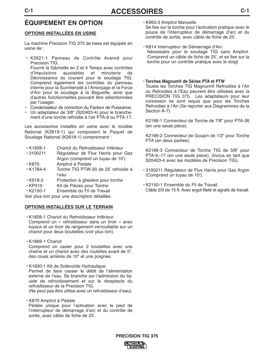 Accessoires, Équipement en option | Lincoln Electric IM898 PRECISION TIG 375 User Manual | Page 29 / 45