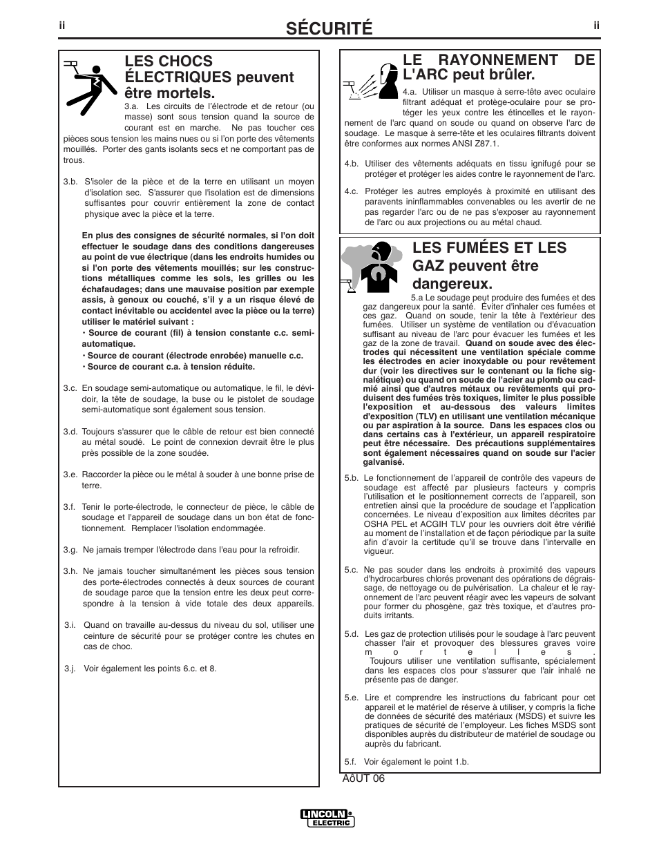 Sécurité, Le rayonnement de l'arc peut brûler, Les chocs électriques peuvent être mortels | Les fumées et les gaz peuvent être dangereux | Lincoln Electric IM898 PRECISION TIG 375 User Manual | Page 3 / 45