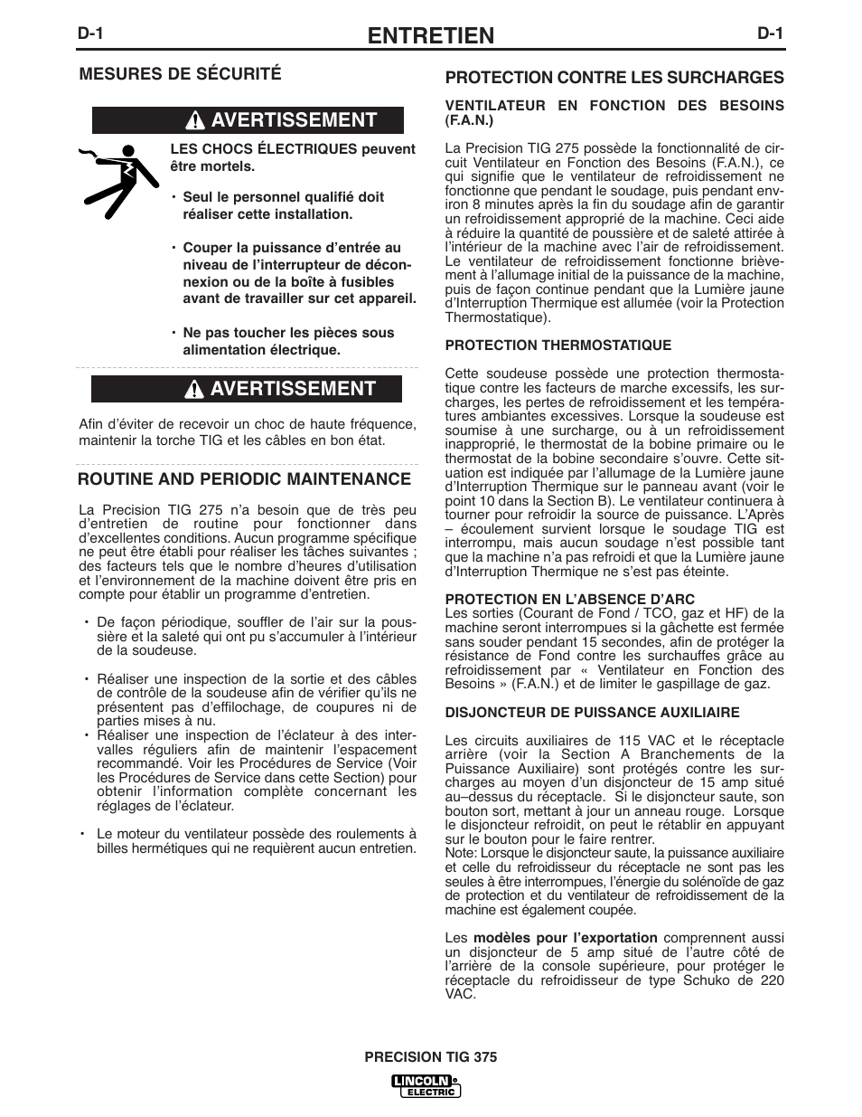 Entretien, Avertissement | Lincoln Electric IM898 PRECISION TIG 375 User Manual | Page 30 / 45