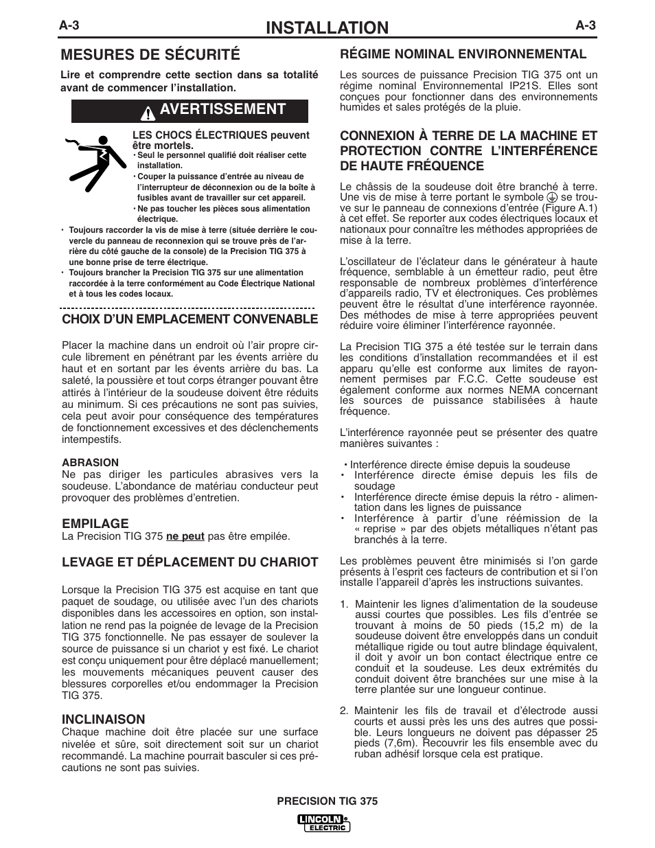 Installation, Mesures de sécurité, Avertissement | Lincoln Electric IM936 PRECISION TIG 375 User Manual | Page 10 / 43