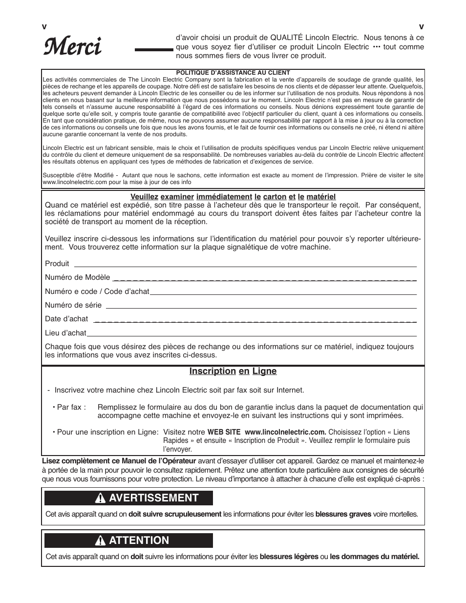 Merci, Avertissement, Attention | Lincoln Electric IM936 PRECISION TIG 375 User Manual | Page 6 / 43