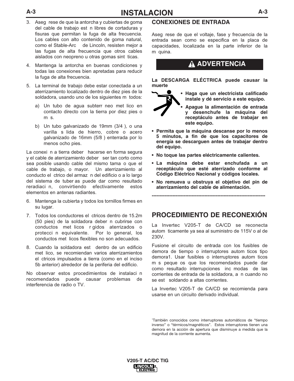 Instalacion, Procedimiento de reconexión, Advertencia | Lincoln Electric IM728 INVERTEC V205-T AC_DC TIG User Manual | Page 10 / 36