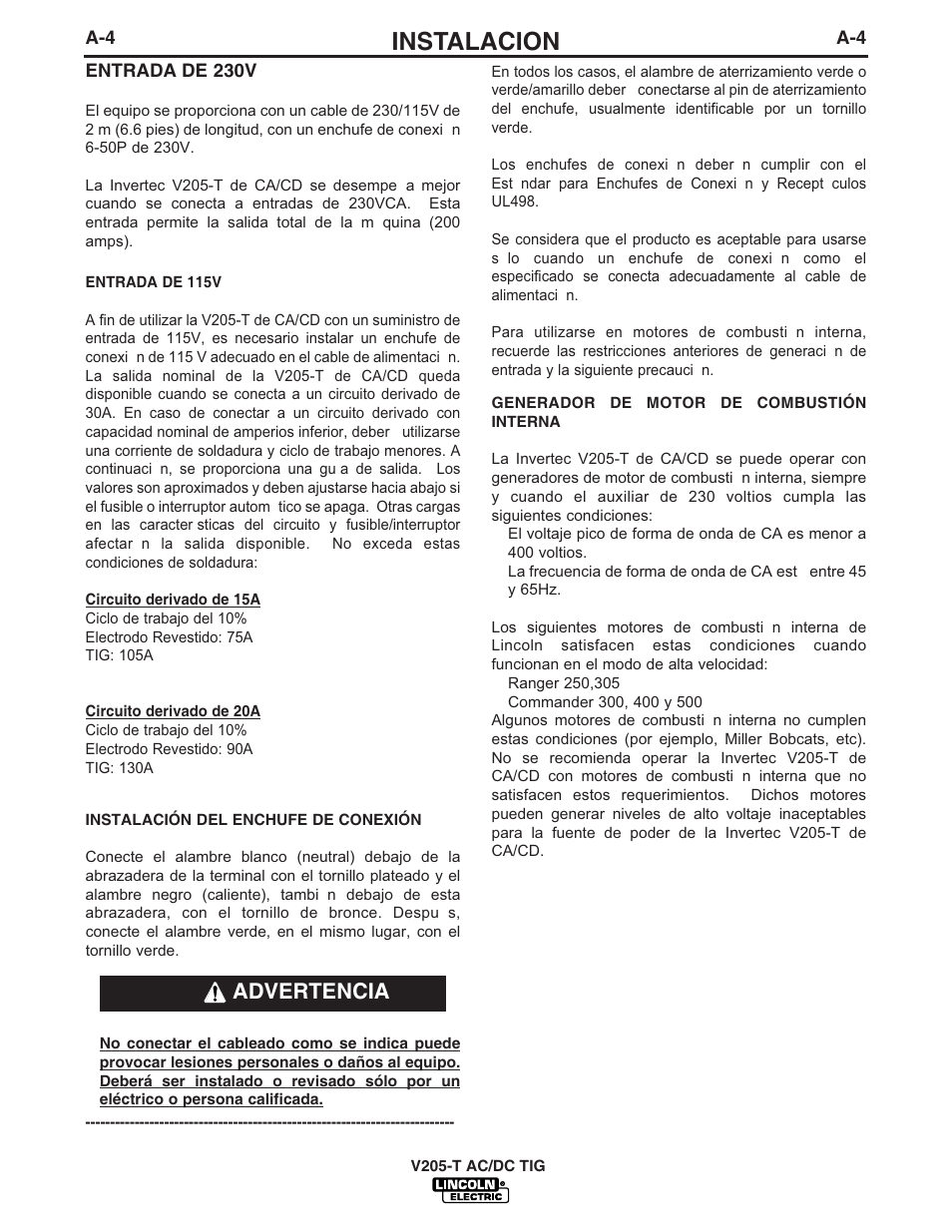 Instalacion, Advertencia | Lincoln Electric IM728 INVERTEC V205-T AC_DC TIG User Manual | Page 11 / 36