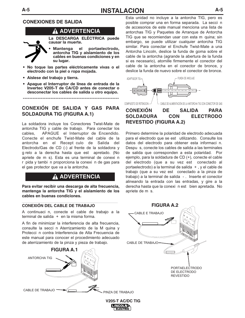 Instalacion, Advertencia | Lincoln Electric IM728 INVERTEC V205-T AC_DC TIG User Manual | Page 12 / 36