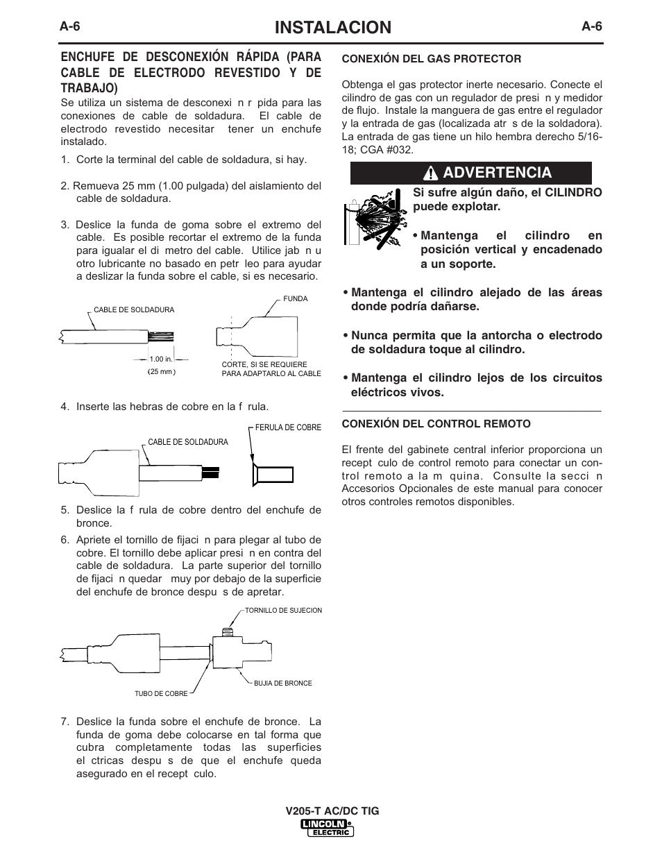 Instalacion, Advertencia | Lincoln Electric IM728 INVERTEC V205-T AC_DC TIG User Manual | Page 13 / 36