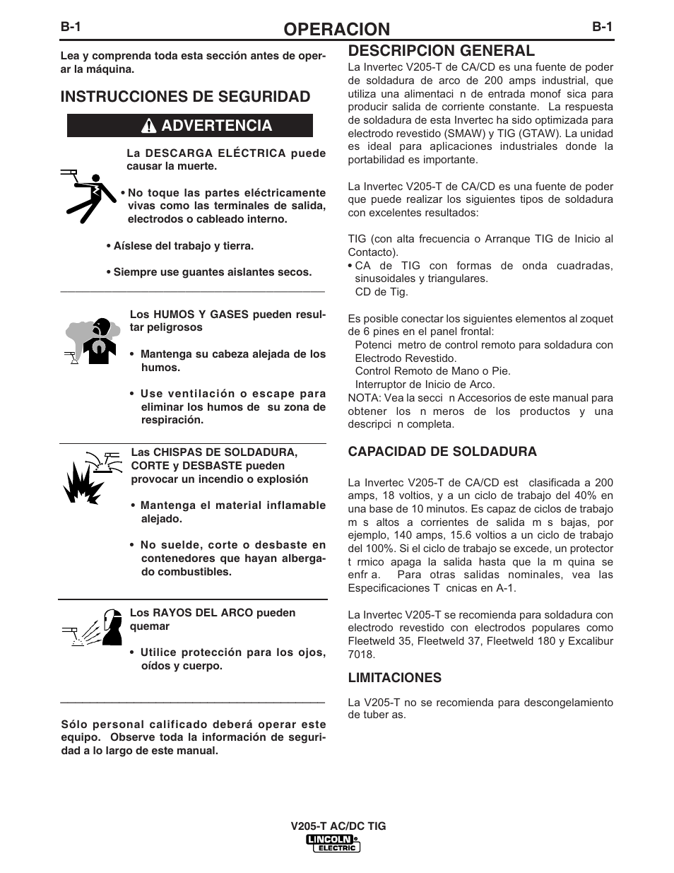 Operacion, Instrucciones de seguridad, Descripcion general | Advertencia | Lincoln Electric IM728 INVERTEC V205-T AC_DC TIG User Manual | Page 14 / 36