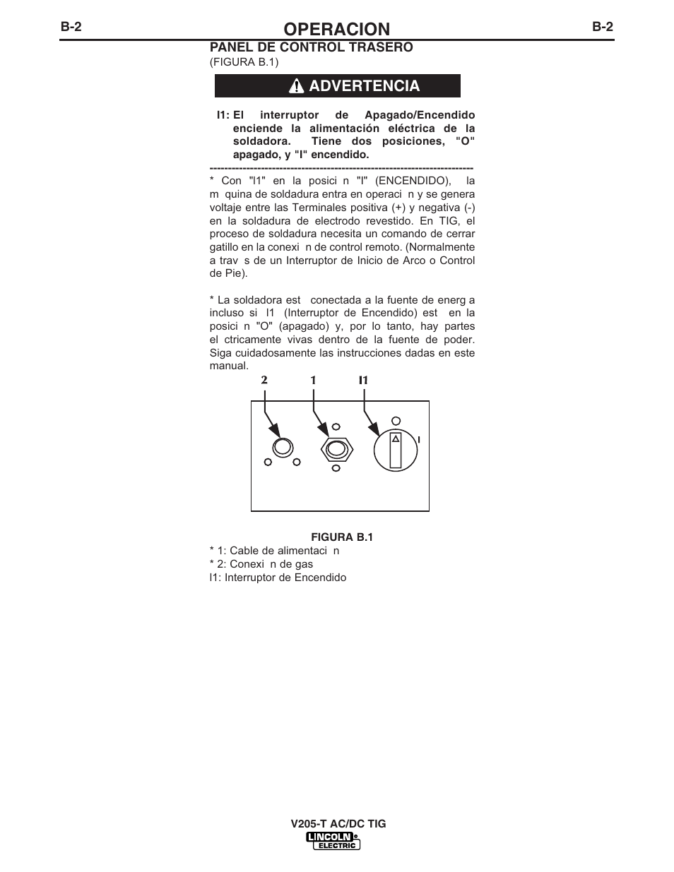 Operacion, Advertencia | Lincoln Electric IM728 INVERTEC V205-T AC_DC TIG User Manual | Page 15 / 36