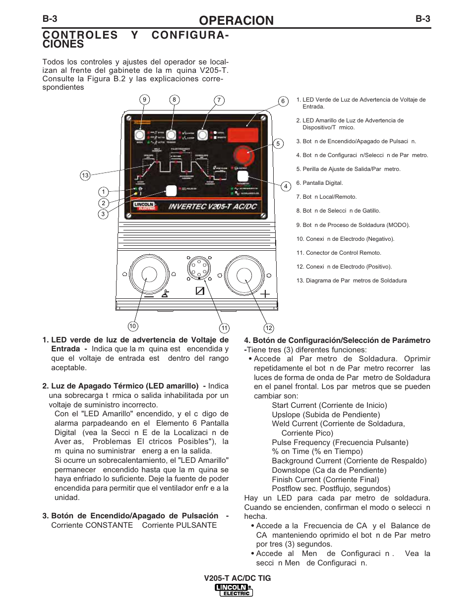 Operacion, Controles y configura- ciones, Figura b.2 | Lincoln Electric IM728 INVERTEC V205-T AC_DC TIG User Manual | Page 16 / 36