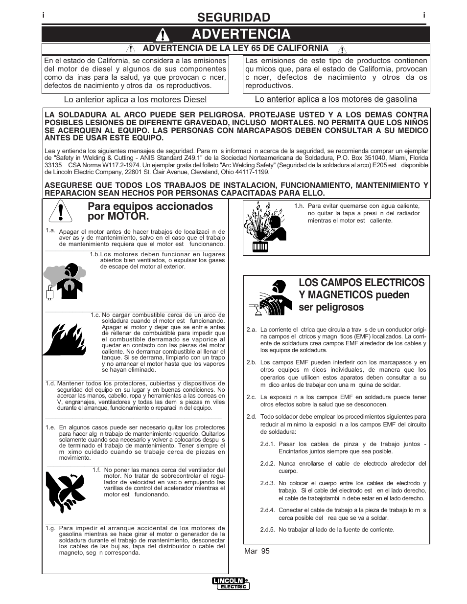 Advertencia, Seguridad, Para equipos accionados por motor | Advertencia de la ley 65 de california | Lincoln Electric IM728 INVERTEC V205-T AC_DC TIG User Manual | Page 2 / 36