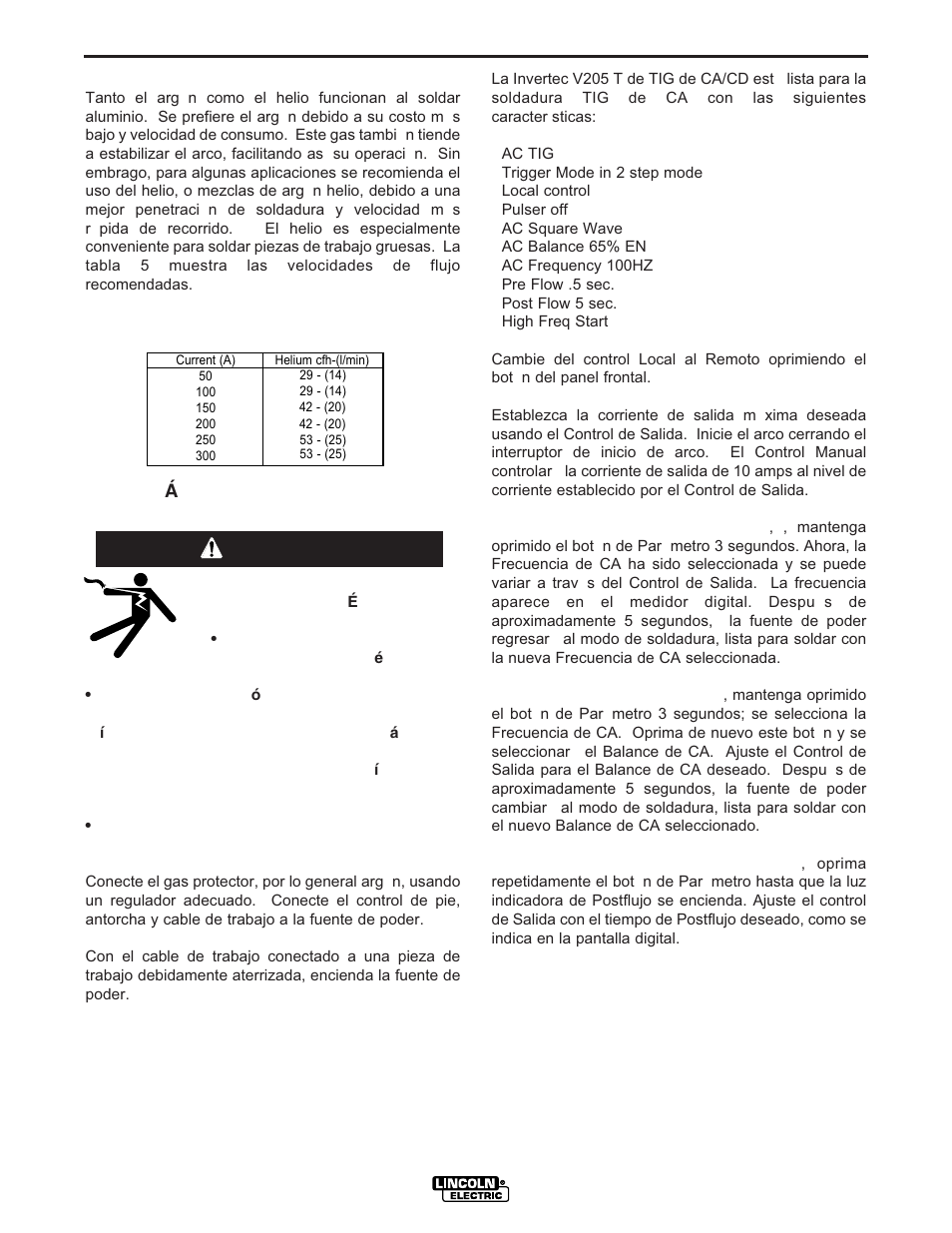 Operacion, Advertencia | Lincoln Electric IM728 INVERTEC V205-T AC_DC TIG User Manual | Page 23 / 36