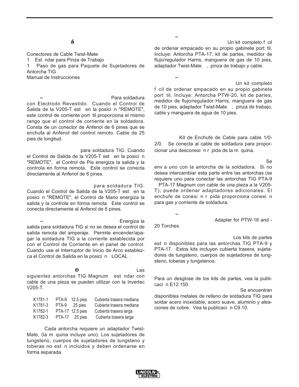 Accessorios, Accesorios opcionales y equipo compatible | Lincoln Electric IM728 INVERTEC V205-T AC_DC TIG User Manual | Page 25 / 36