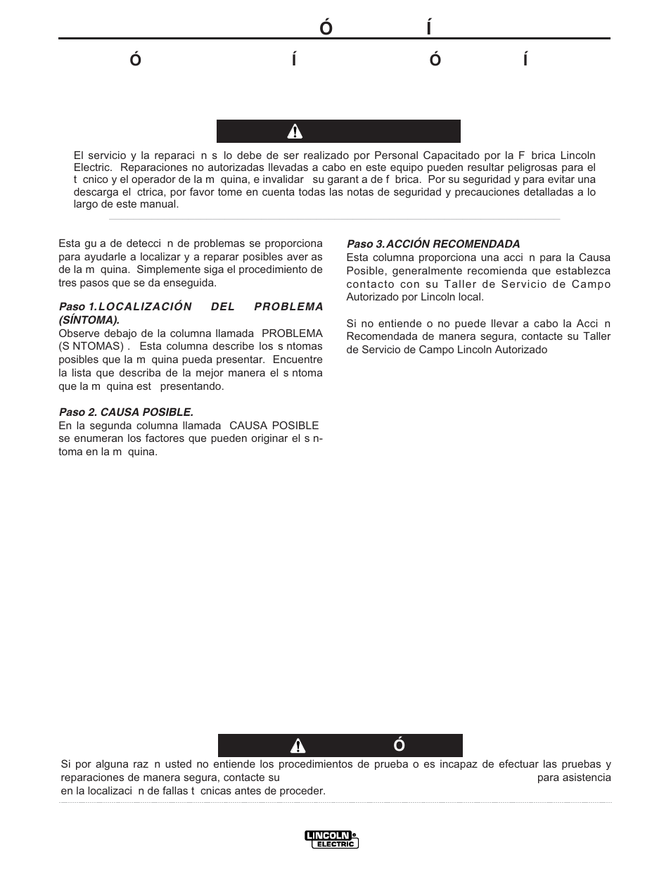 Localizaci ó n de aver í as, Precauci ó n, Advertencia | Lincoln Electric IM728 INVERTEC V205-T AC_DC TIG User Manual | Page 27 / 36